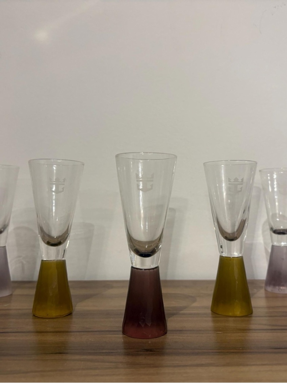 Etched Crown Logo Stemmed Shot Glasses with Yellow & Brown Bases